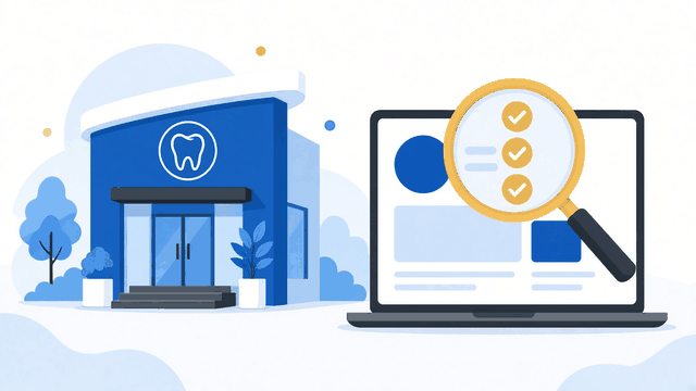 Illustration: a dental clinic beside a laptop, with a magnifying glass showing three gold checkmarks over the website