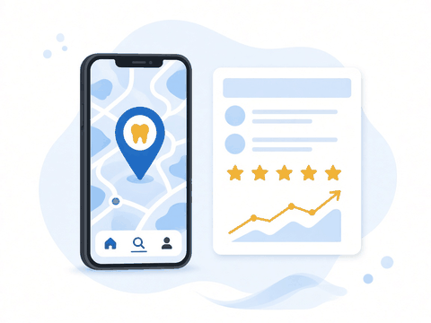 Illustration: a phone showing a map pin with a tooth icon, beside a search results card