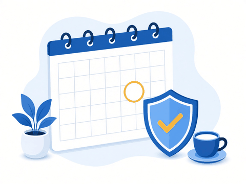 Illustration: a calendar with one day circled in gold, beside a shield with a checkmark